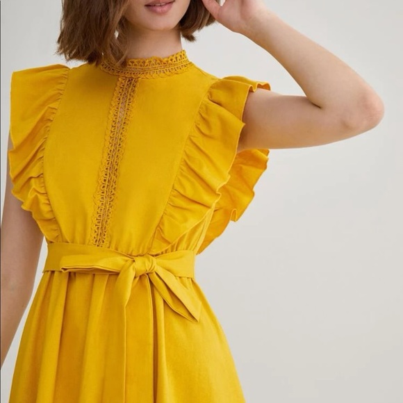 Amazing Gold French Lace Insert Ruffle Armhole Dress - Picture 3 of 4